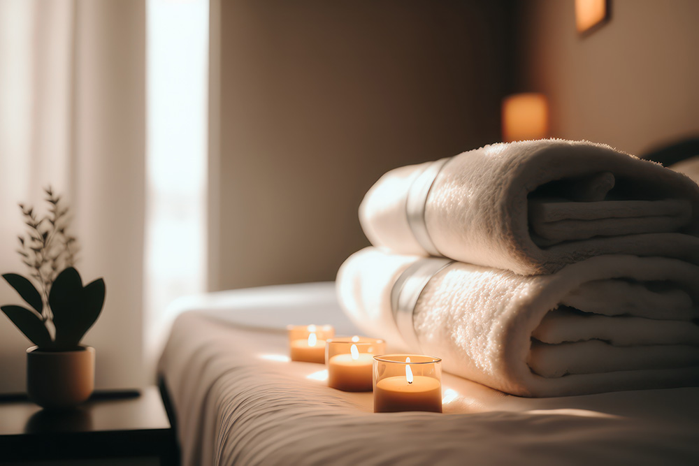 Soft beige spa towels on a massage bed in a therapy room. Genera